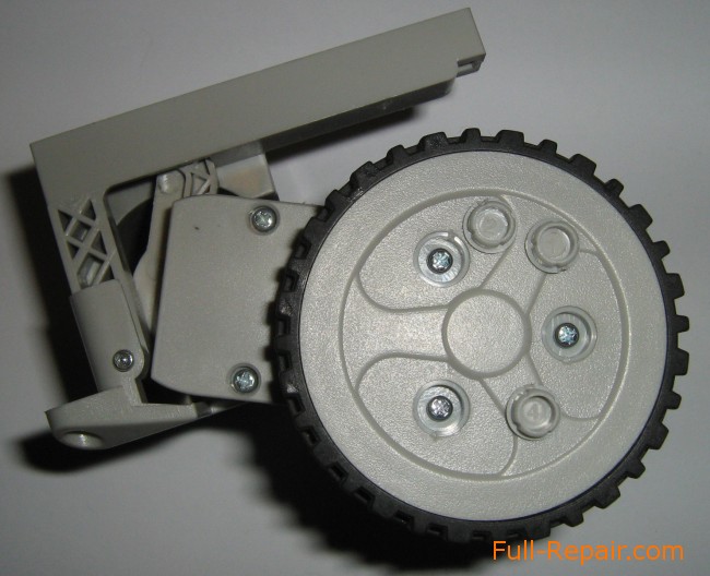Wheel of robotic vacuum cleaner, screw caps are lifted.